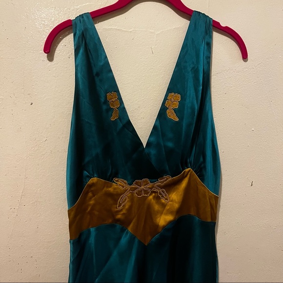 Miguelina Blue Teal Gold Silk A-Line Dress L - Picture 4 of 5